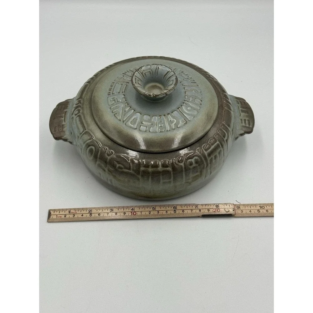 Frankoma Ceramic Pottery Casserole w/ Lid Handles Geometric Round 10
